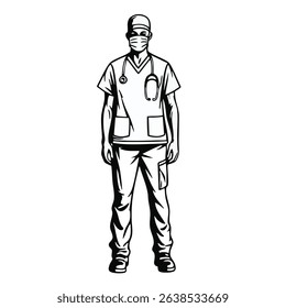 Frontline Healthcare Worker Standing in Uniform with Mask and Stethoscope