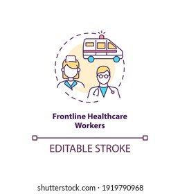 Frontline healthcare workers concept icon. Covid vaccination priority list. Proffesional medical staff. Clinic idea thin line illustration. Vector isolated outline RGB color drawing. Editable stroke