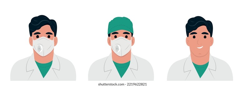 Frontline heroes illustration of doctor. Male doctors in lab coat, mask and hat. Flat style vector