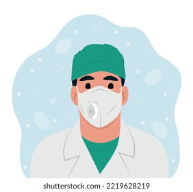 Frontline heroes illustration of doctor. Male doctor in lab coat, mask and hat. Flat style vector