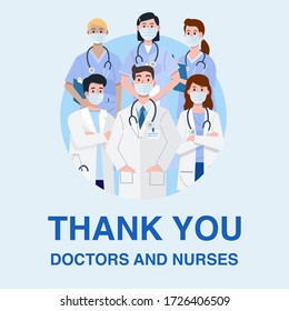 Frontline heroes, Illustration of doctors and nurses characters wearing face masks. Vector