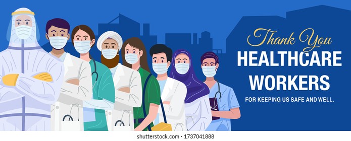 Frontline heroes, Illustration of doctors and nurses characters wearing masks. Vector