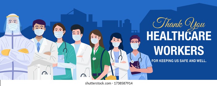 Frontline heroes, Illustration of doctors and nurses characters wearing masks. Vector