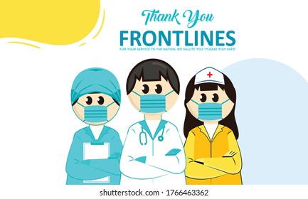 Frontline-Helden, Illustration von Ärzten und Krankenschwestern Charaktere mit Masken. Vektorgrafik