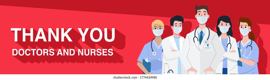 Frontline heroes, Illustration of doctors and nurses characters wearing masks. Vector