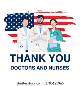 Frontline heroes, Illustration of doctors and nurses characters with flag of the United States of America. Vector