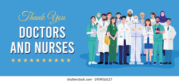 Frontline heroes, Illustration of doctors and nurses characters wearing masks. Vector