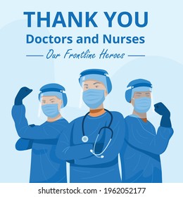 Frontline heroes, Illustration of doctors and nurses characters wearing masks. Vector