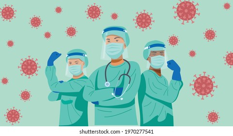 Frontline heroes, Illustration of doctors and nurses characters wearing masks fighting against virus. Vector