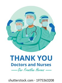 Frontline heroes, Illustration of doctors and nurses characters wearing masks. Vector