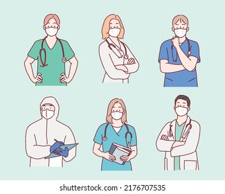 Frontline heroes, Illustration of doctors and nurses characters wearing masks. Hand drawn style vector design illustrations.