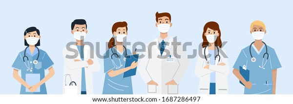 Frontline heroes, Illustration of doctors\
and nurses characters wearing masks.\
Vector