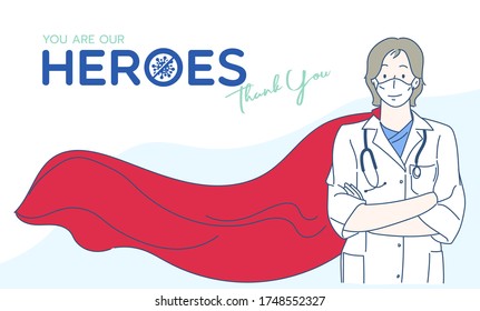Frontline heroes, professional medical doctors wearing protective mask. Infection control concept. Hand drawn in thin line style, vector illustrations.