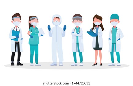 Frontline heroes, Team of doctors in protective medical masks. The fight against coronavirus COVID-19. Vector illustration in cartoon style