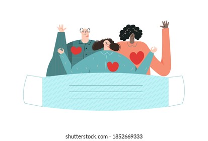 Frontline pandemic volunteer service concept. Charity, help, social work, caring for community, support, aid for people. Diverse people, youth and senior with hearts. Flat vector cartoon illustration