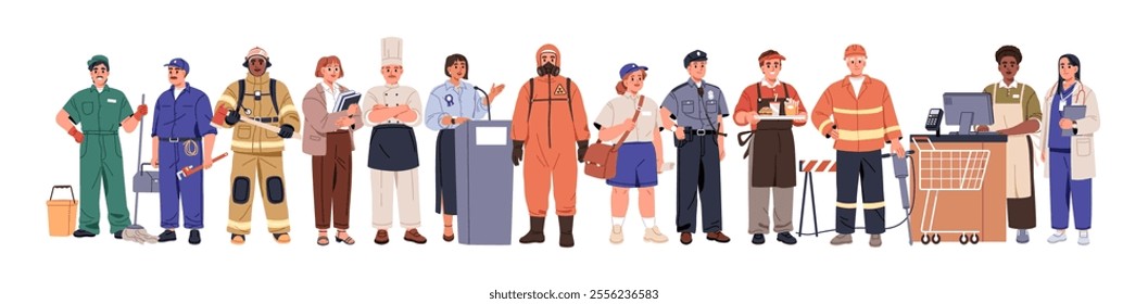 Frontline workers group. Frontliners, different professionals. Police officer, doctor, firefighter, cleaner, teacher and plumber. Occupations, flat vector illustration isolated on white background