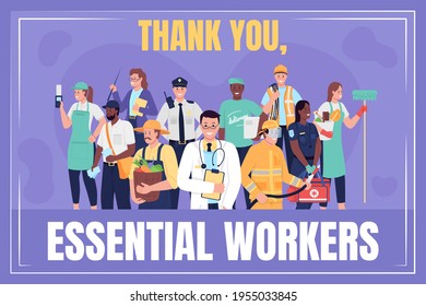 Frontline workers social media post mockup. Thank you essential workers phrase. Web banner design template. Labor day booster, content layout with inscription. Poster, print ads and flat illustration