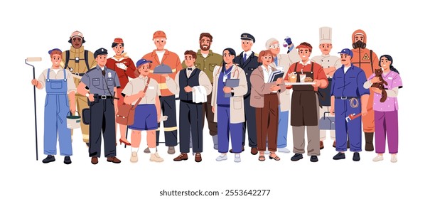 Frontliner workers group. Frontline professionals, people at service. Police officer, medical staff, doctor, firefighter, construction staff. Flat vector illustration isolated on white background