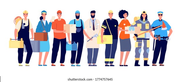 Frontliners characters. Essential workers, coronavirus work hero. Doctor nurse police postman, teamwork in pandemic time vector illustration