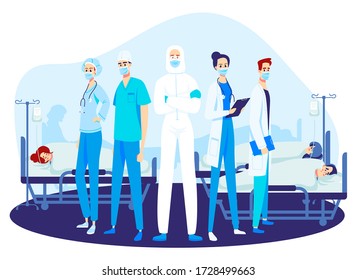 Frontliners, illustration of doctors and nurses characters wearing masks in hospital with sick people. Flat style, isolated on white background
