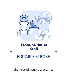 Front-of-house Staff Light Blue Concept Icon. Restaurant Position Abstract Idea Thin Line Illustration. Delivering Orders. Isolated Outline Drawing. Editable Stroke. Arial, Myriad Pro-Bold Fonts Used