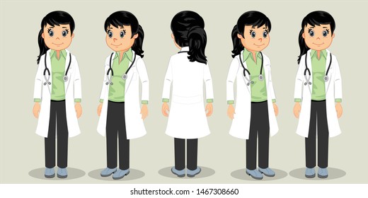 Front,rear,side view of cute doctor. Vector illustration.