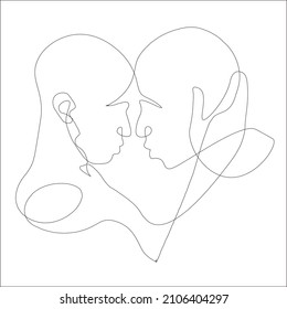 Fronts together. Two face drawing with countinuous line, beauty and love concept, minimalist, vector illustration for t-shirt, print design, covers, web. Couple about to kiss. gay love. Vector. LGBT.