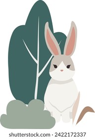 Front-side Rabbit and bushes and trees on transparent background, isolated elements vector