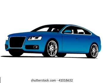 Front-side view of blue exclusive car isolated on white - vector illustration