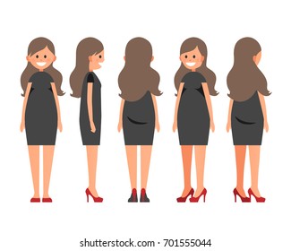 Front,side,back view animated character.Designer character creation set with various views.Cartoon style, flat vector illustration of smiling girls with long hair in official clothes.Little black dress
