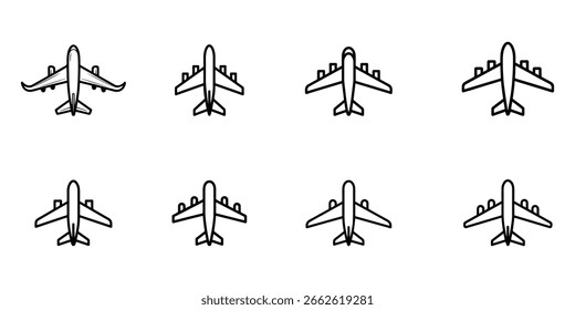 Front-view airplane icon set in line style. Ideal for aviation, airport, travel planning, flight booking platforms, and transport illustrations.