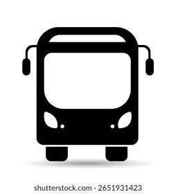 Front-view bus icon in black silhouette, designed in a minimalist style on a white background. Represents public transportation and daily commuting. Flat vector illustration