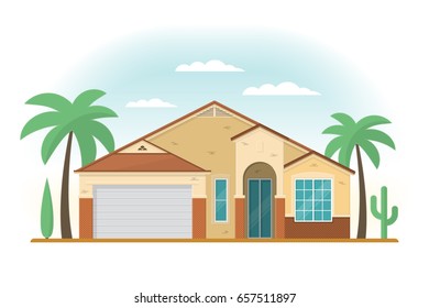 Frontview of USA Arizona style suburban private house. Flat design. Vector illustration.