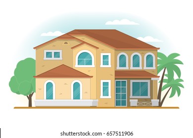 Frontview of USA Arizona style suburban private house. Flat design. Vector illustration.