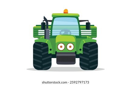 Front-view vector illustration of a farm tractor showcasing agricultural machinery used for harvesting and transportation. Perfect for farming, agronomy, and industrial agriculture designs