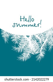 Fropical palm leaves frame botanical vector illustration. Exotic nature card or banner with frame for text. Jungle green leaf floral pattern. Tropical palm leaves card. Hello summer.