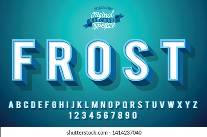 Frost. 3D Vintage Winter Font In Cold Color. Serif Typeface. 