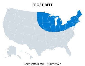 Frost Belt Of The United States, Political Map. Region In The Northeast, Including The Great Lakes Region And Part Of Upper Midwest. Known For Its Cold Winter Climate With Heavy Frosts And Snowfalls.