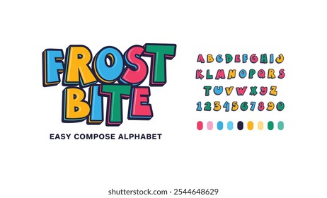 Frost Bite: Alfabeto compuesto de tipografía con estilo. Fuente de diseño de fácil uso. Cartas de exhibición del Vector convenientes para los titulares del cartel, revistas, tiendas de la comida, bocados, apelando a los niños y a los adolescentes