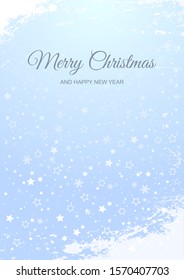 Frost christmas background with falling stars and snowflakes. Bright vertical snowy wish card design. 