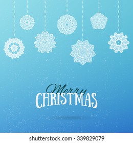 Frost Christmas background with hanging mandala snowflakes. Merry Christmas and Happy New Year  holiday background. Vector illustration