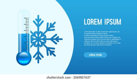 Banner informativo, frío y escarpado. Banner vectorial de baja temperatura. Termómetro, copo de nieve e inscripción.