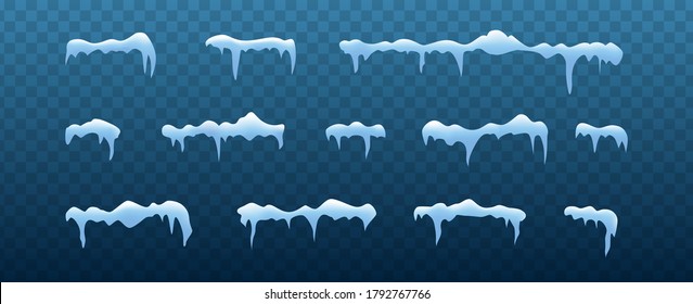 Frost decoration collection for frames. Horizontal frozen snow set. Blue and white frost. Christmas ice decoration on isolated background. Realistic 3d vector illustration