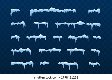 Frost decoration collection for frames. Horizontal frozen snow set. Blue and white frost. Christmas ice decoration on isolated background. Realistic 3d vector illustration