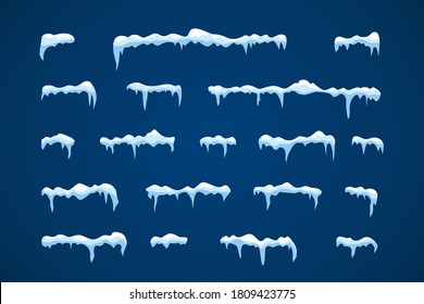 Frost decoration collection for frames. Horizontal frozen snow set. Blue and white frost. Christmas ice decoration on isolated background. Cartoon style vector illustration