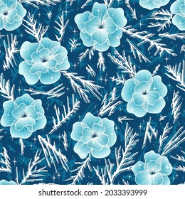 Frost Flowers with Hoarfrost Seamless Pattern. Ice Crystals Winter  Background. Icy Floral on Window Vector Navy Blue Wallpaper