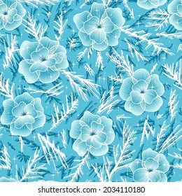 Frost Flowers with Hoarfrost Seamless Pattern. Ice Crystals Winter Background. Icy Floral on Window Vector Blue White Wallpaper