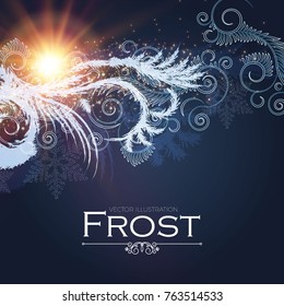 Frost Glass Pattern. Elegant Winter Background with Ice Swirls and Lights. Vector illustration