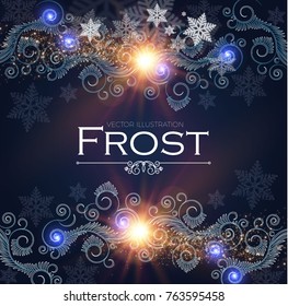 Frost Glass Pattern. Elegant Winter Background with Ice Swirls and Lights. Vector illustration