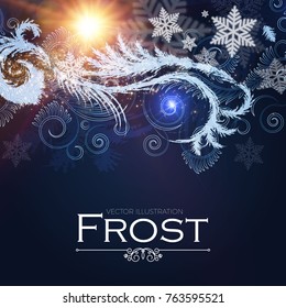 Frost Glass Pattern. Elegant Winter Background with Ice Swirls and Lights. Vector illustration